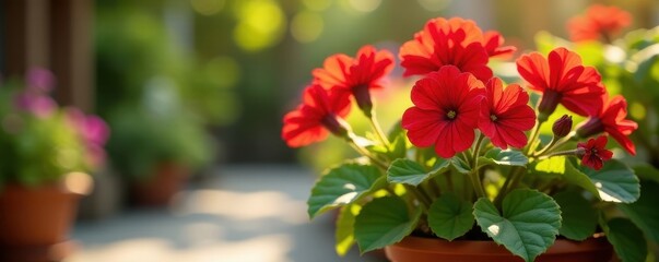 Vibrant red geraniums in terracotta pot, sunny patio, red flowers, pot, bright
