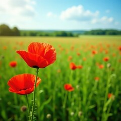 Vibrant red poppy blooms amidst lush green wheat , image, red flower, countryside