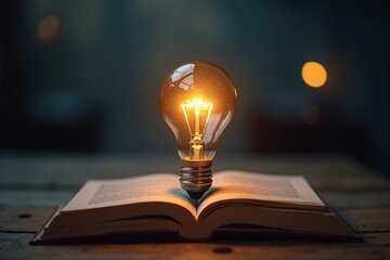 Light Bulb on Open Book Symbolizing Ideas and Creativity