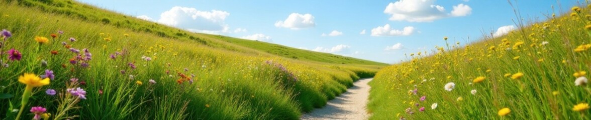 Obraz premium winding path through wildflowers, grassy hillside, bright sky , freedom, sunlight