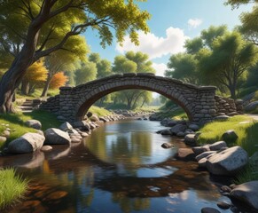 Old stone bridge crossing over a peaceful stream in a serene landscape with sky and trees, nature, tree, stone bridge