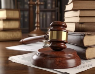 Old wooden gavel resting on a stack of legal documents, legal team, signature, judicial system, bidding strategy, verdict announcement