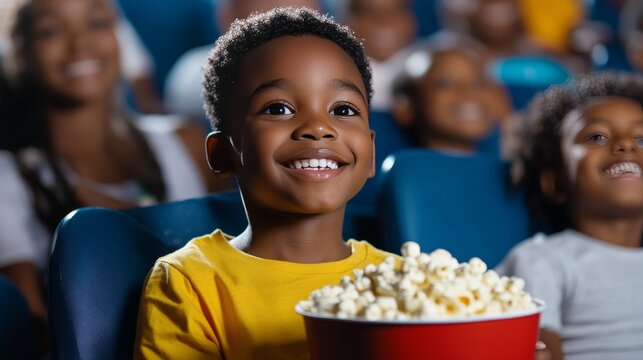Joyful african child enjoying popcorn at the movie theater