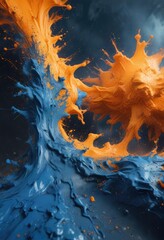 Orange and blue splattered canvas depicting a turbulent atmosphere, colorful palette, turbulent atmosphere
