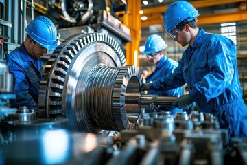 Workers in blue uniforms and helmets are engaged in machinery maintenance in an industrial setting.