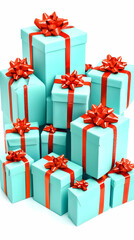 3D Illustration Of Turquoise Gift Boxes With Red Ribbons On White