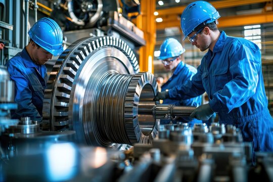 Workers in blue uniforms and helmets are engaged in machinery maintenance in an industrial setting.