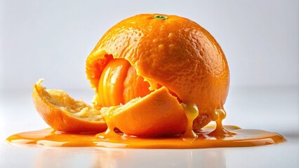 Orange slime oozing from a broken orange peel, messy, splatter, juicy, vibrant