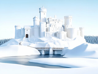 3D Render Of White Snow Castle In Winter Landscape With Cloudy Sky
