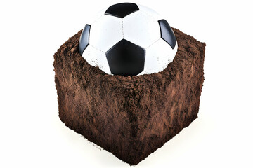 A 3D Realistic Illustration Of Soccer Ball On A Brown Cube Isolated
