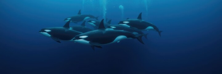 Orcas swim in school through the dark blue ocean, ocean creature, orcas, sea creature