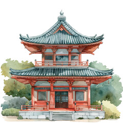Naklejka premium An ancient Japanese temple cartoon style watercolor