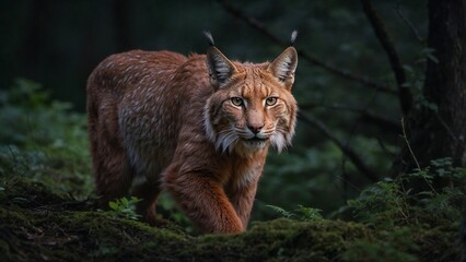 Naklejka premium Lynx moving stealthily through a dark forest with a focused expression and captivating presence
