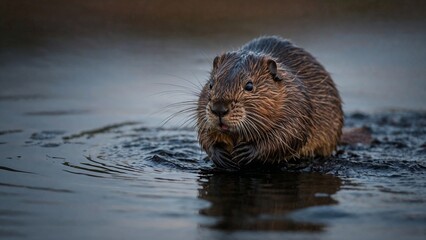 Common beaver sitting curiously in the water surrounded by greenery with copy space

