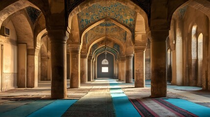 Obraz premium Interior design of a mosque wooden square display prayer room golden background