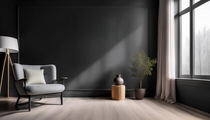 Empty Black Wall Mockup in Minimalist Interior with Neutral Armchair and a Floor Lamp. Natural Daylight From a Window. Promotion Background.