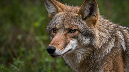 Fototapeta premium Coyote observing quietly in the wild with a thoughtful expression and blurred greenery background 