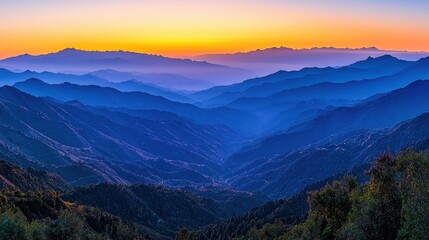 Fototapeta premium A serene gradient of sunset hues, transitioning from soft lavender to fiery orange, casting long shadows across a tranquil landscape, perfect for meditation and relaxation. 