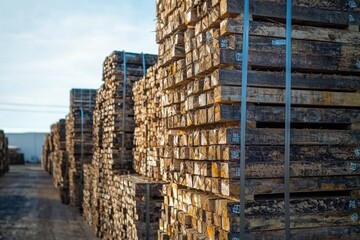 Stacked wooden pallets in a sunlit yard, showcasing the texture and arrangement of timber materials for storage or transport.