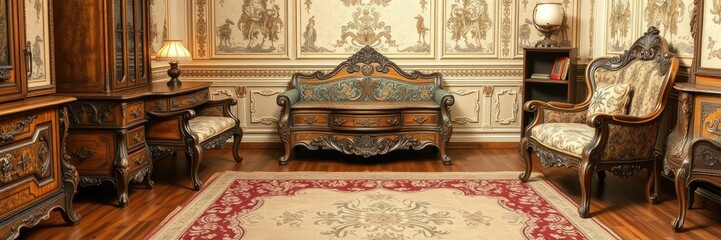 Ornate antique furniture with intricate details, antique, classic style, sophisticated