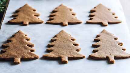 Six Delicious Christmas Tree Gingerbread Cookies on Baking Paper