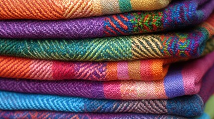 Colorful Textiles Stacked with Intricate Patterns and Textures