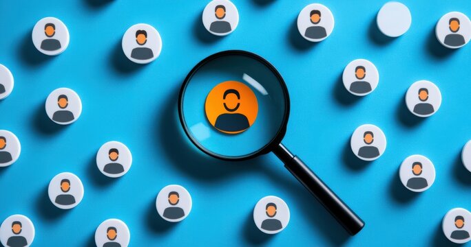 An illustration depicting a magnifying glass highlighting a central male figure surrounded by numerous circular icons representing diverse individuals, set against a vibrant blue background.