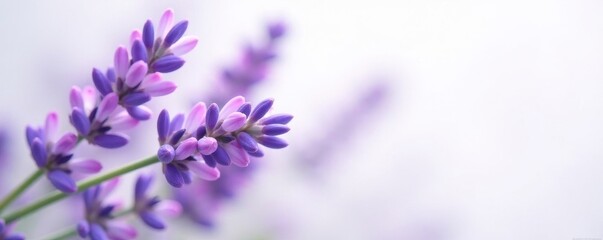 Obraz premium Close-up of lavender flowers, soft focus, white backdrop , nature, summer