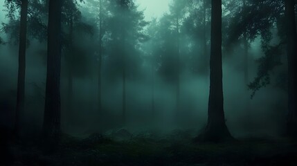 Fototapeta premium Thick fog enveloping a dark forest with towering coniferous trees