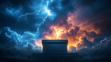 Empty podium under a stormy sky, with lightning crackling across the clouds, creating an electrifying backdrop