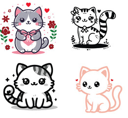 Create a cute cat vector art silhouette and color  with white background.