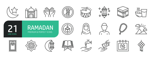 Set Of Ramadan Line Icons. The set includes a Islam, Mosque, Fasting, Quran, Worshipper, Kaaba, Religion, Crescent, Prayer, Hajj, Pilgrim, Lantern, and more.