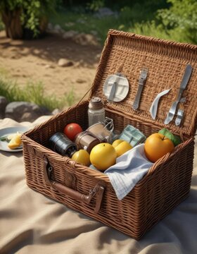 Outdoor dining accessories in rustic wicker picnic basket, excursion, grill