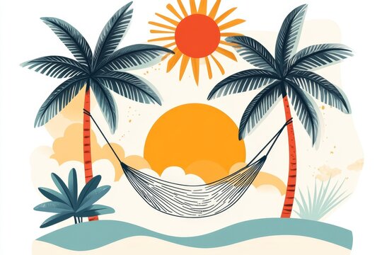 A clean and simple graphic of a hammock tied between two palm trees, with soft, muted tones and minimal details creating a relaxing vibe