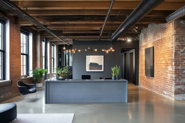 A professional yet inviting workspace featuring a gray reception counter, sophisticated furniture, and exposed brick detailing.