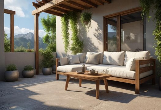 Outdoor relaxation area with a sofa and table, sofa, trees, outdoor furniture