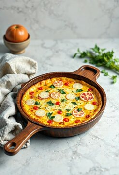 Oven-baked cheese frittata in a natural wooden skillet , baking skillet, brunch ideas