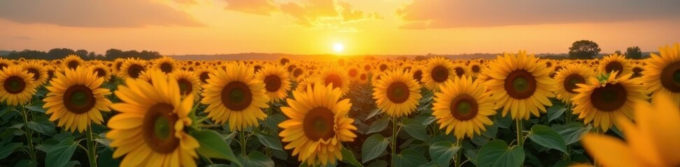 Fototapeta premium Endless rows of sunflowers, facing the rising sun, vibrant yellow , outdoor, sunshine