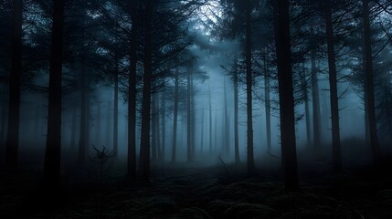 Naklejka premium Dark forest with tall trees and thick fog covering landscape