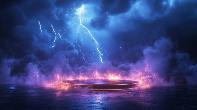 Empty podium with bolts of lightning striking the ground in the distance, creating a powerful, electrifying atmosphere
