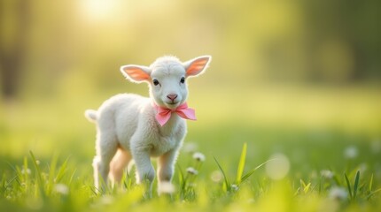 Fototapeta premium A cute white Easter lamb standing in a green meadow, wearing a pastel pink satin bow around its neck
