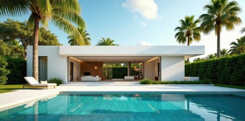 Fototapeta premium Gleaming white house, inviting pool, lush palm backdrop, white house, villa, clean