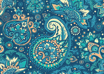Seamless paisley pattern in Oriental style with floral and ethnic motifs for printed fabric, wallpaper, and packaging