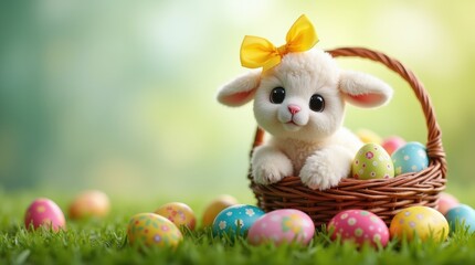 Fototapeta premium An Easter lamb with a bright yellow bow standing next to a woven basket filled with colorful Easter eggs