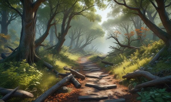 Overgrown trail with fallen trees and branches, forest floor, fall, overgrown trail