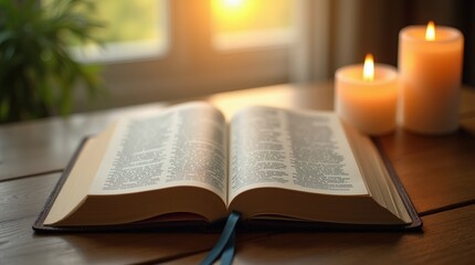 An open Bible on a wooden table with a candle nearby, soft sunlight shining on the pages, symbolizing Easter Sunday scripture