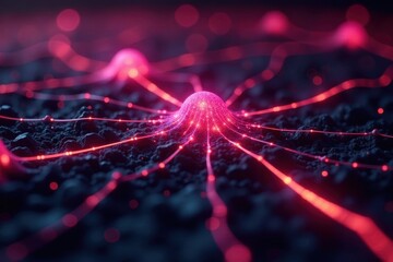 Intricate glowing network nodes, vibrant hues, data, modern, abstract