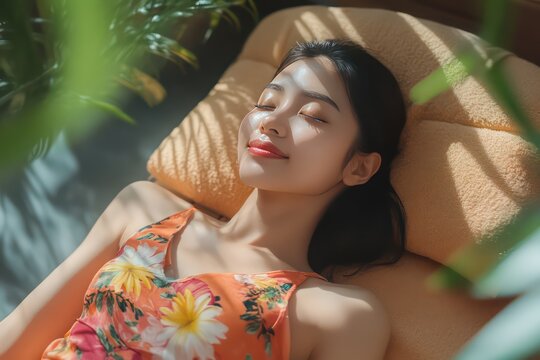 A relaxed Asian woman lying on a soft massage table, enjoying a rejuvenating spa experience.