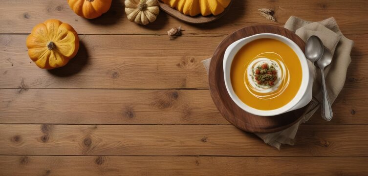 Overhead shot of a bowl of pumpkin soup on a wooden table, Decorative, Restaurant, Pumpkin Soup