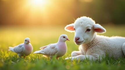 Naklejka premium Close-up of a gentle white lamb resting on fresh grass, two doves beside it